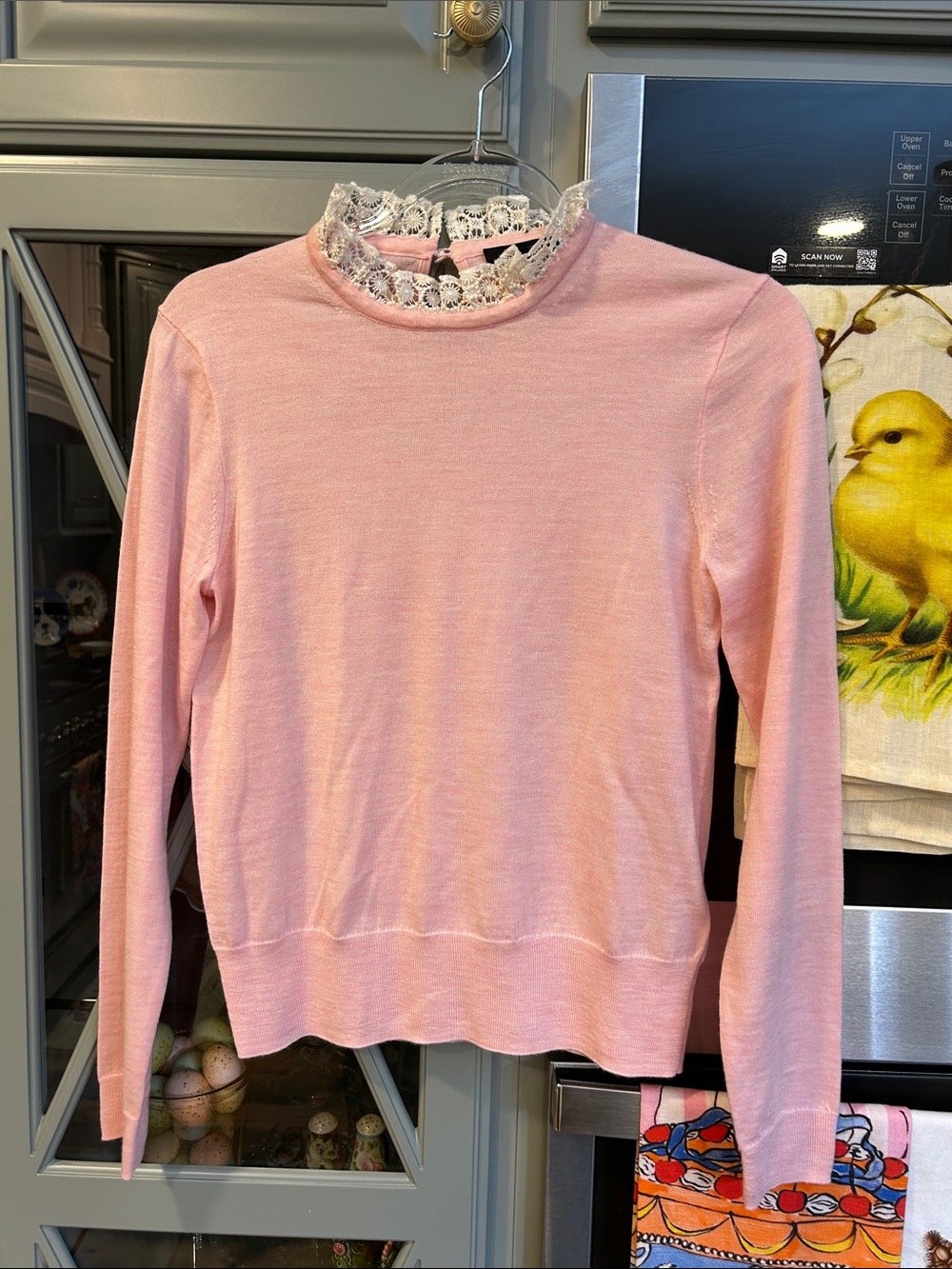 J. Crew Pink Lace-Trim Merino Crewneck Sweater Small